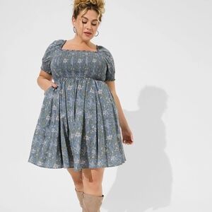 Torrid x Outlander Blue Floral Smocked Puff Sleeve Mini Dress Size 3X (Torrid 3)